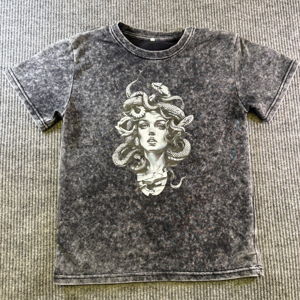 UNBRANDED MEDUSA GRAPHIC TEE SIZE SMALL GRAY MINERAL WASH COTTON BLEND SHIRT NEW